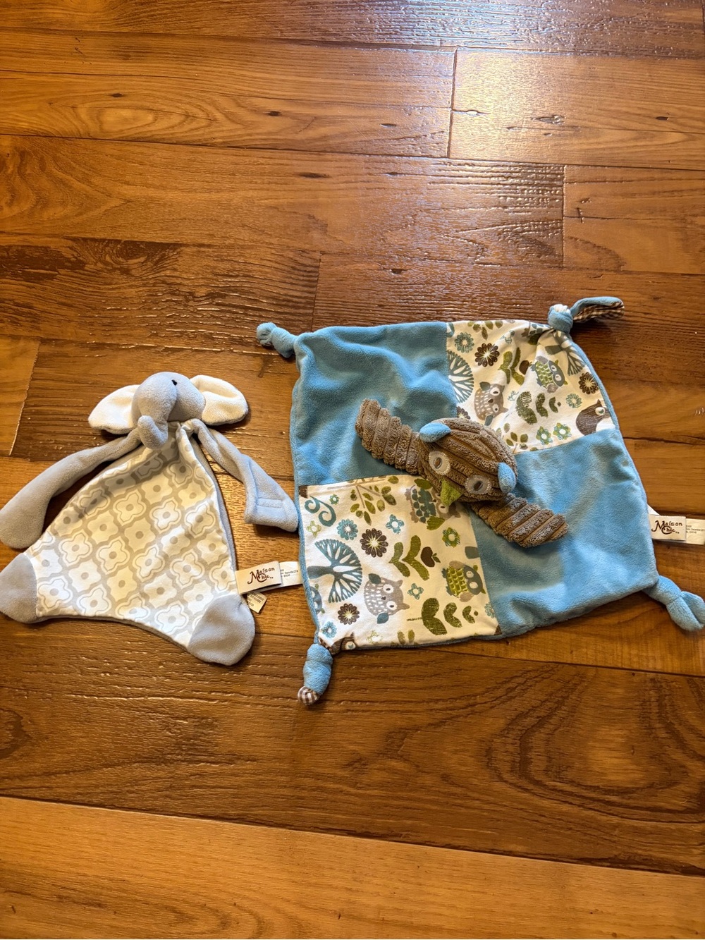Maison Chic Bundle Of Two  Loveys Elephant Pacifier Holder & Sweet Owl EUC